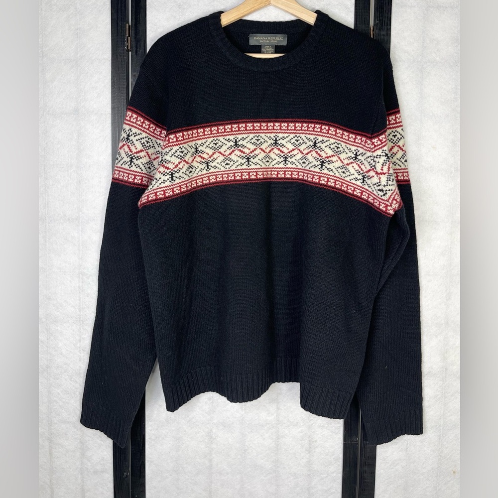 Banana Republic fair Isle Black Sweater with Red and White Pattern. L